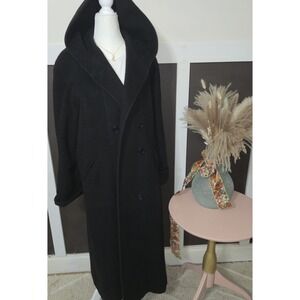 Long Black Wool Blend Hooded Maxi Coat Winter Warm Overcoat Outerwear